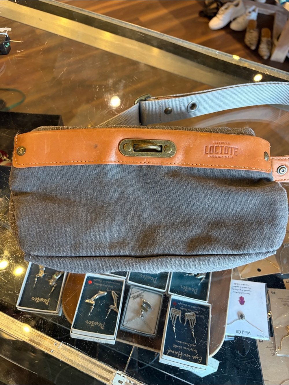 Locote Gray Canvas and Tan Leather Travel Waist Bag